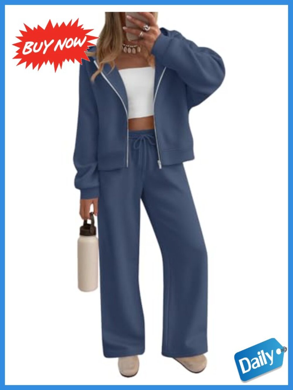 Womens 2 Piece Zip Up Cropped Hoodie Wide Leg Sweatpants Set Fleece Lined